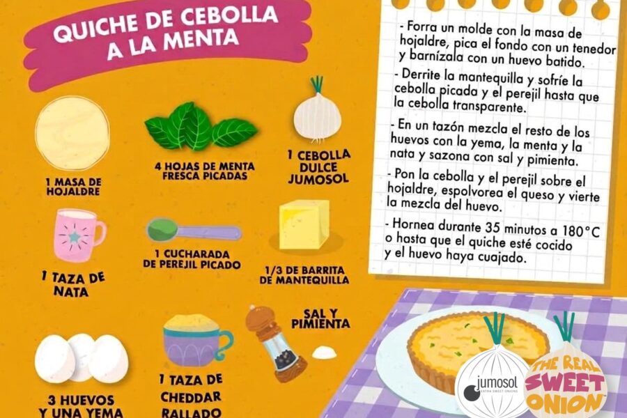 Lámina ilustrada de la receta de quiche de cebolla a la menta con cebolla dulce Jumosol