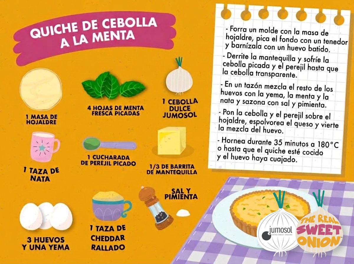 Lámina ilustrada de la receta de quiche de cebolla a la menta con cebolla dulce Jumosol
