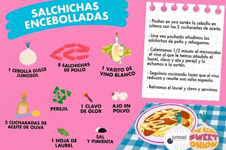 Lámina ilustrada de la receta de salchichas encebolladas con cebolla dulce Jumosol