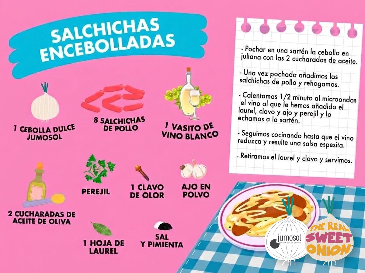 Salchichas encebolladas al vino blanco con cebolla dulce 1 Lámina ilustrada de la receta de salchichas encebolladas con cebolla dulce Jumosol