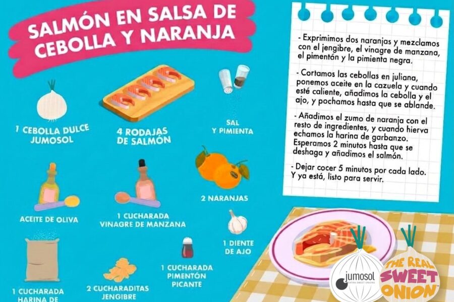 Lámina ilustrada de la receta de salmón en salsa de cebolla y naranja con cebolla dulce Jumosol