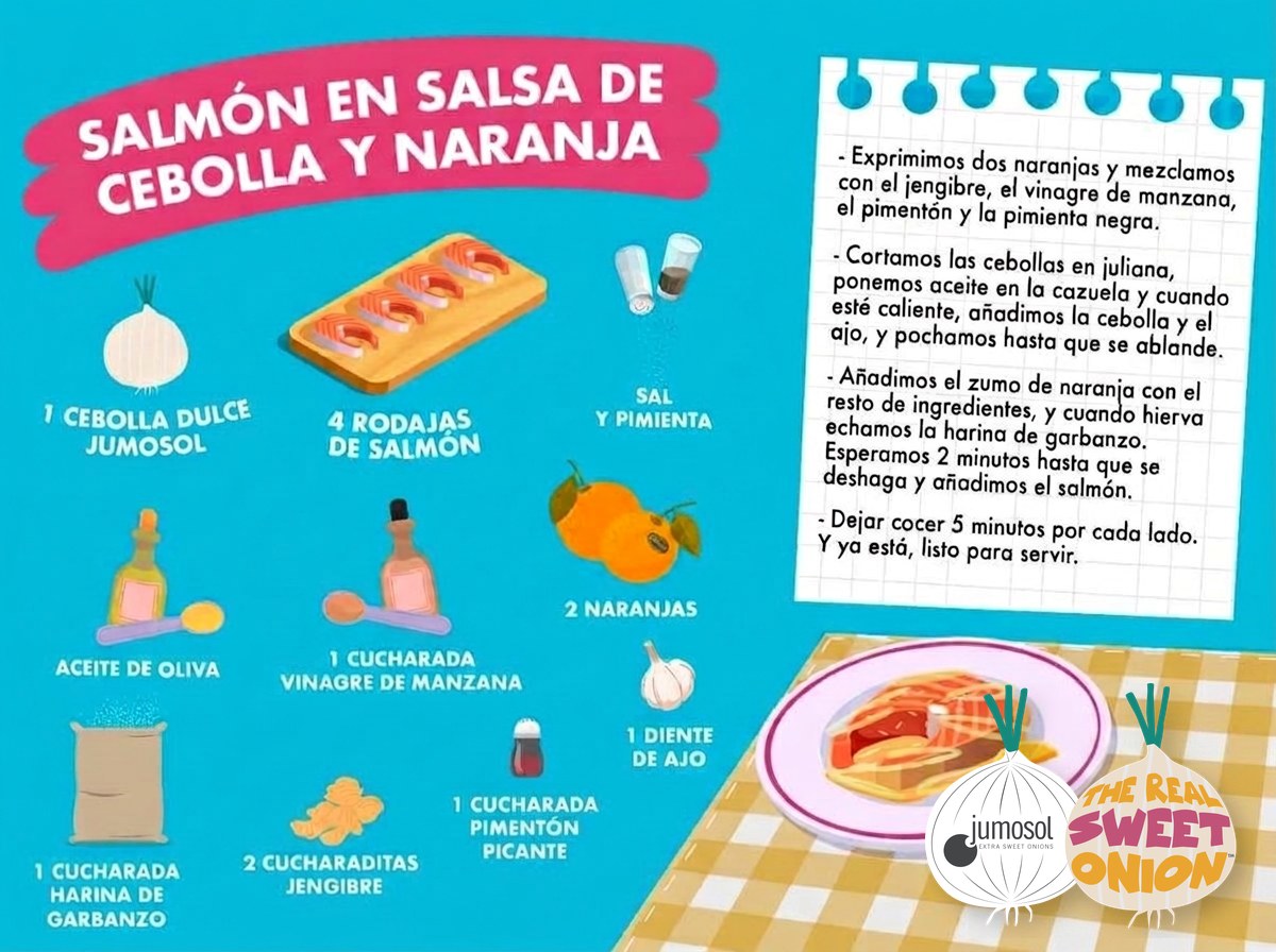 Salmón en salsa de cebolla dulce y naranja 1 Lámina ilustrada de la receta de salmón en salsa de cebolla y naranja con cebolla dulce Jumosol
