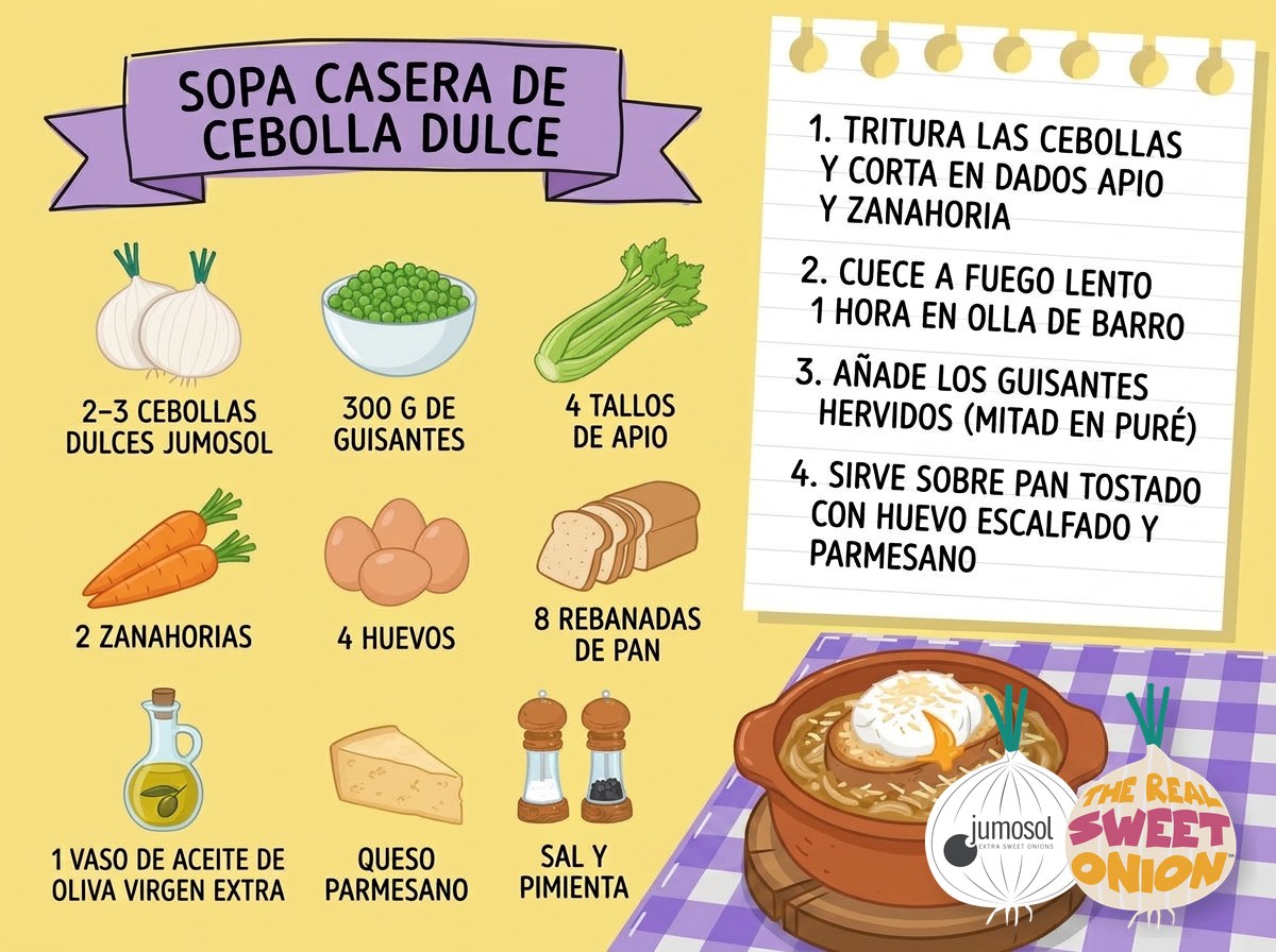 Lámina ilustrada de la receta de sopa casera de cebolla dulce Jumosol: ingredientes y pasos