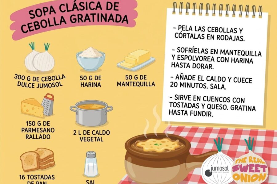 Lámina ilustrada de la receta de sopa clásica de cebolla dulce Jumosol gratinada: ingredientes y pasos