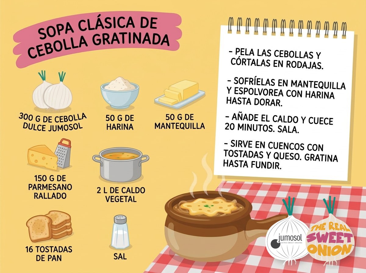 Receta de cocina: sopa clásica de cebolla dulce gratinada 1 Lámina ilustrada de la receta de sopa clásica de cebolla dulce Jumosol gratinada: ingredientes y pasos