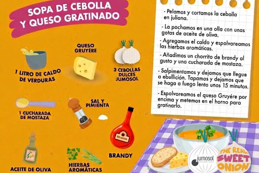 Lámina ilustrada de la receta de sopa de cebolla dulce y queso gratinado, con los ingredientes dibujados (2 cebollas dulces Jumosol, caldo, gruyère) y los pasos de preparación