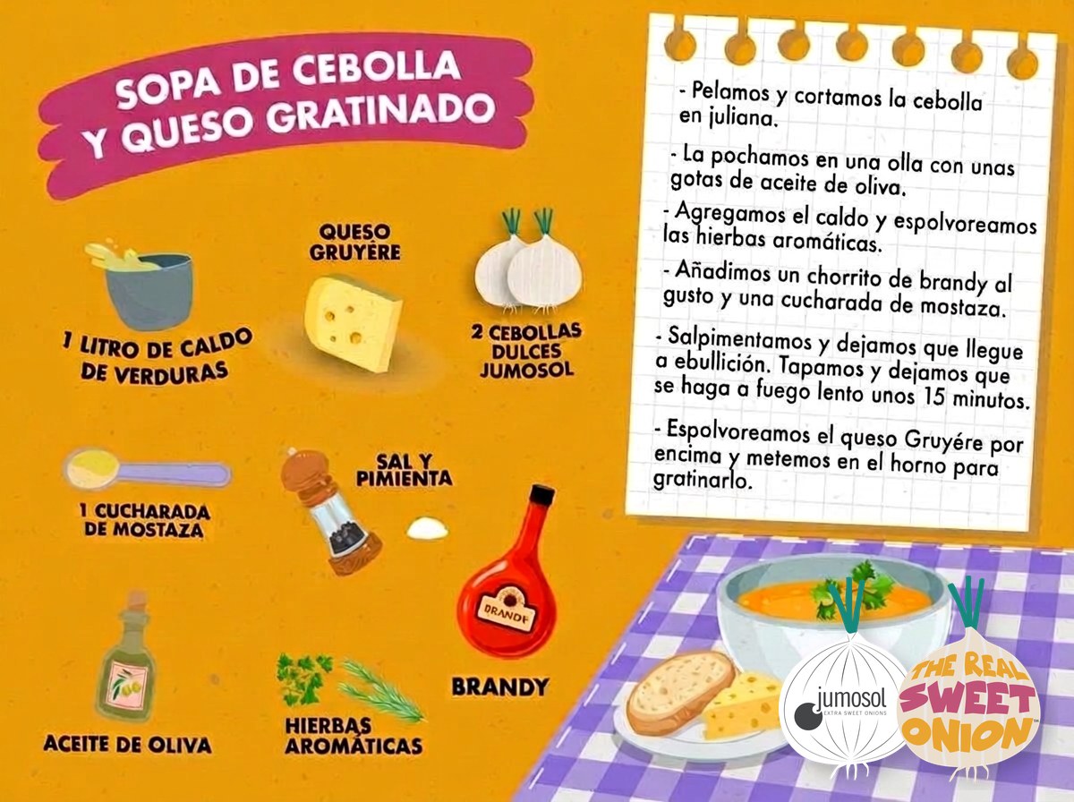 Lámina ilustrada de la receta de sopa de cebolla dulce y queso gratinado, con los ingredientes dibujados (2 cebollas dulces Jumosol, caldo, gruyère) y los pasos de preparación