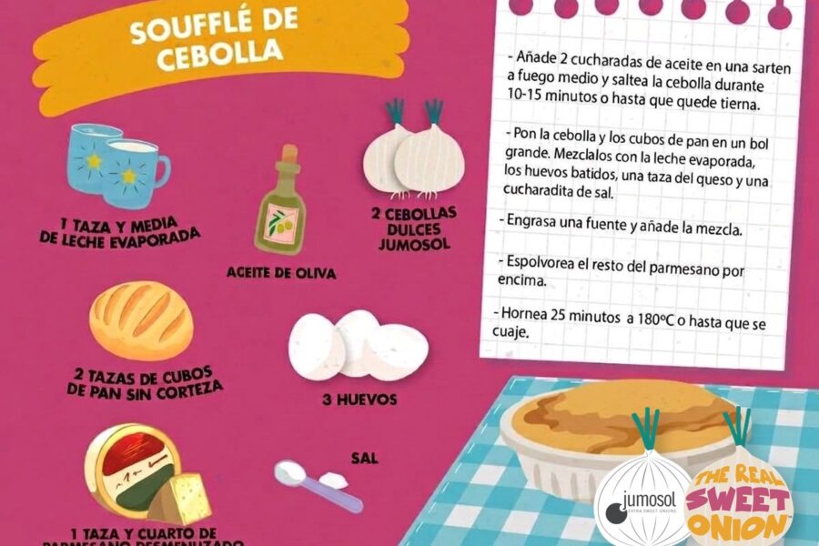 Lámina ilustrada de la receta de soufflé de cebolla dulce Jumosol
