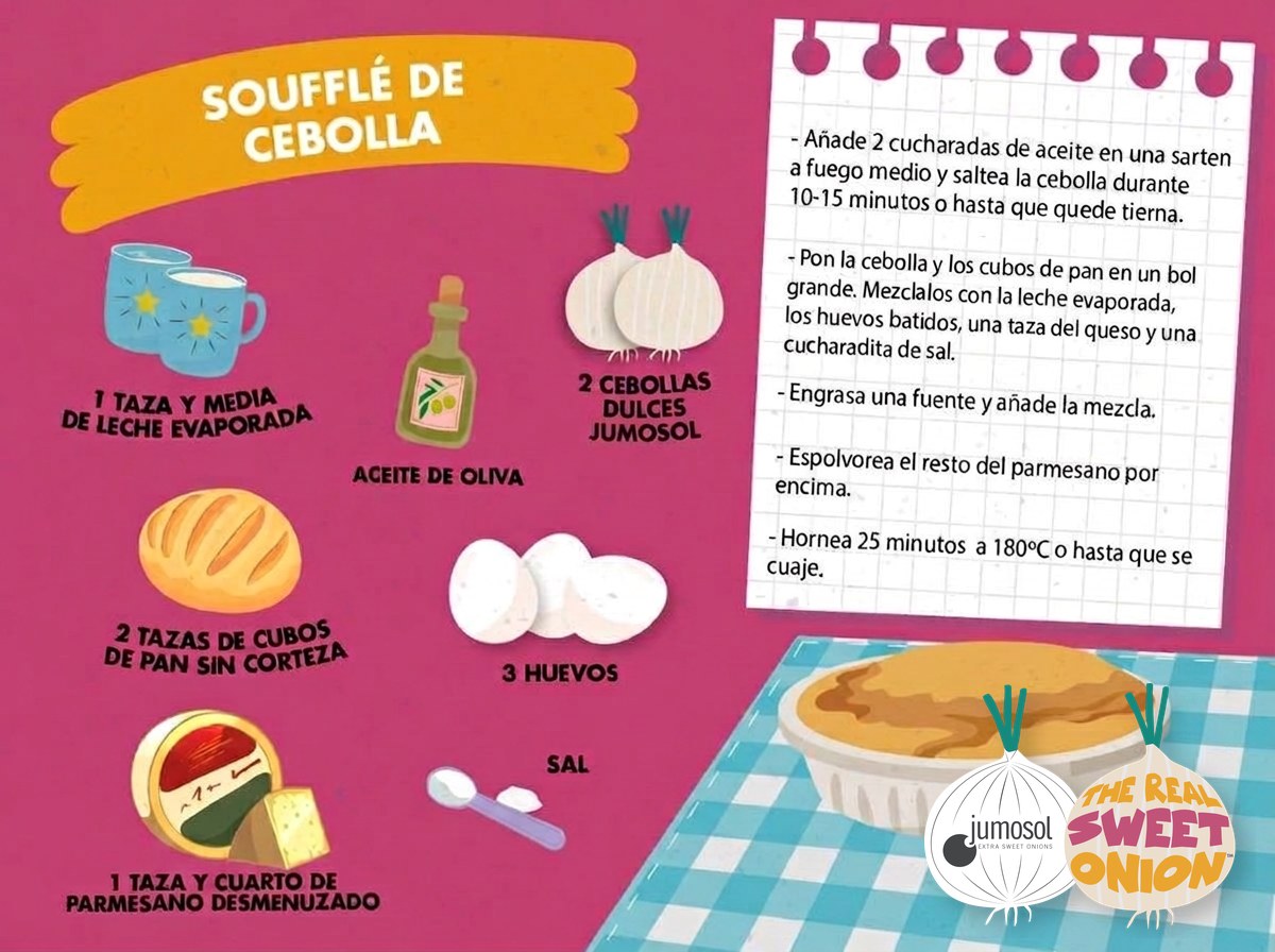 Soufflé de cebolla dulce con parmesano 1 Lámina ilustrada de la receta de soufflé de cebolla dulce Jumosol