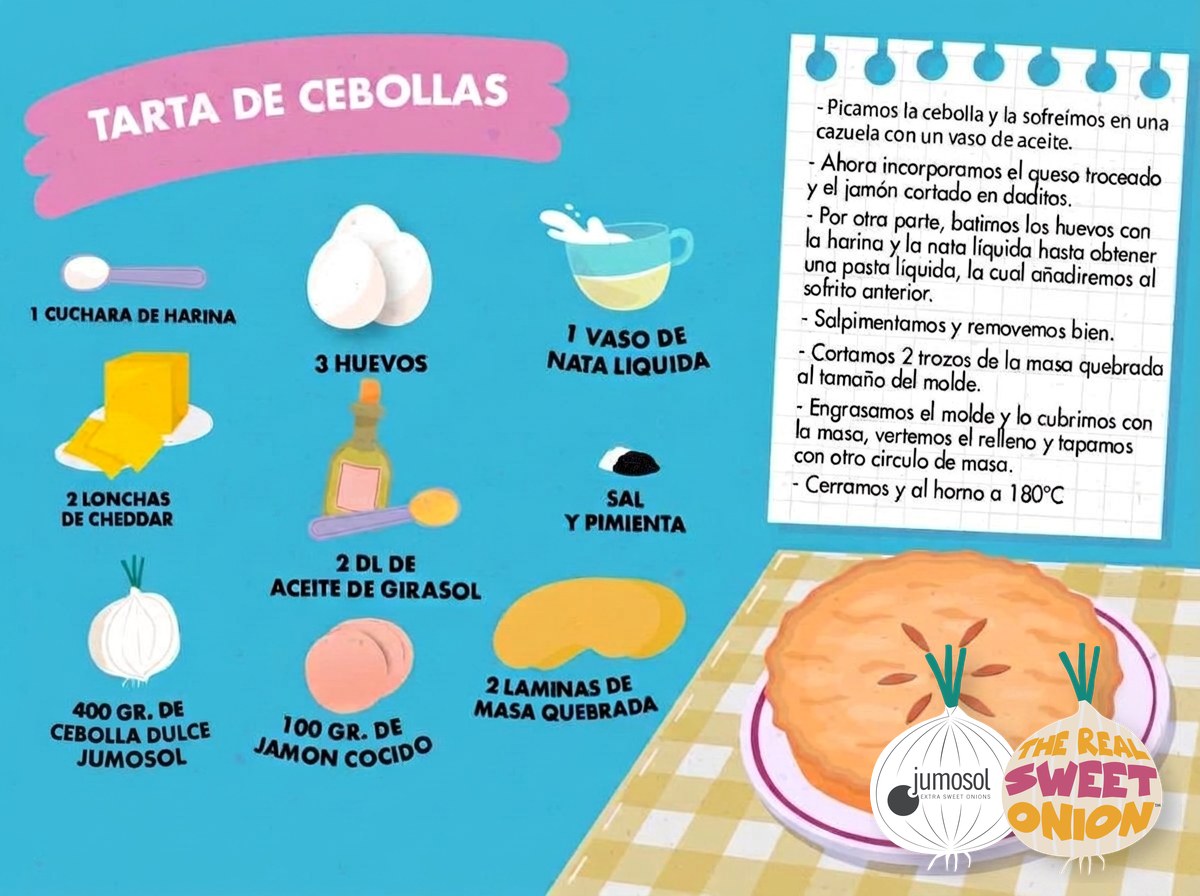 Lámina ilustrada de la receta de tarta de cebollas con cebolla dulce Jumosol