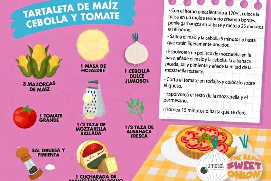 Lámina ilustrada de la receta de tartaleta de maíz, cebolla dulce Jumosol y tomate