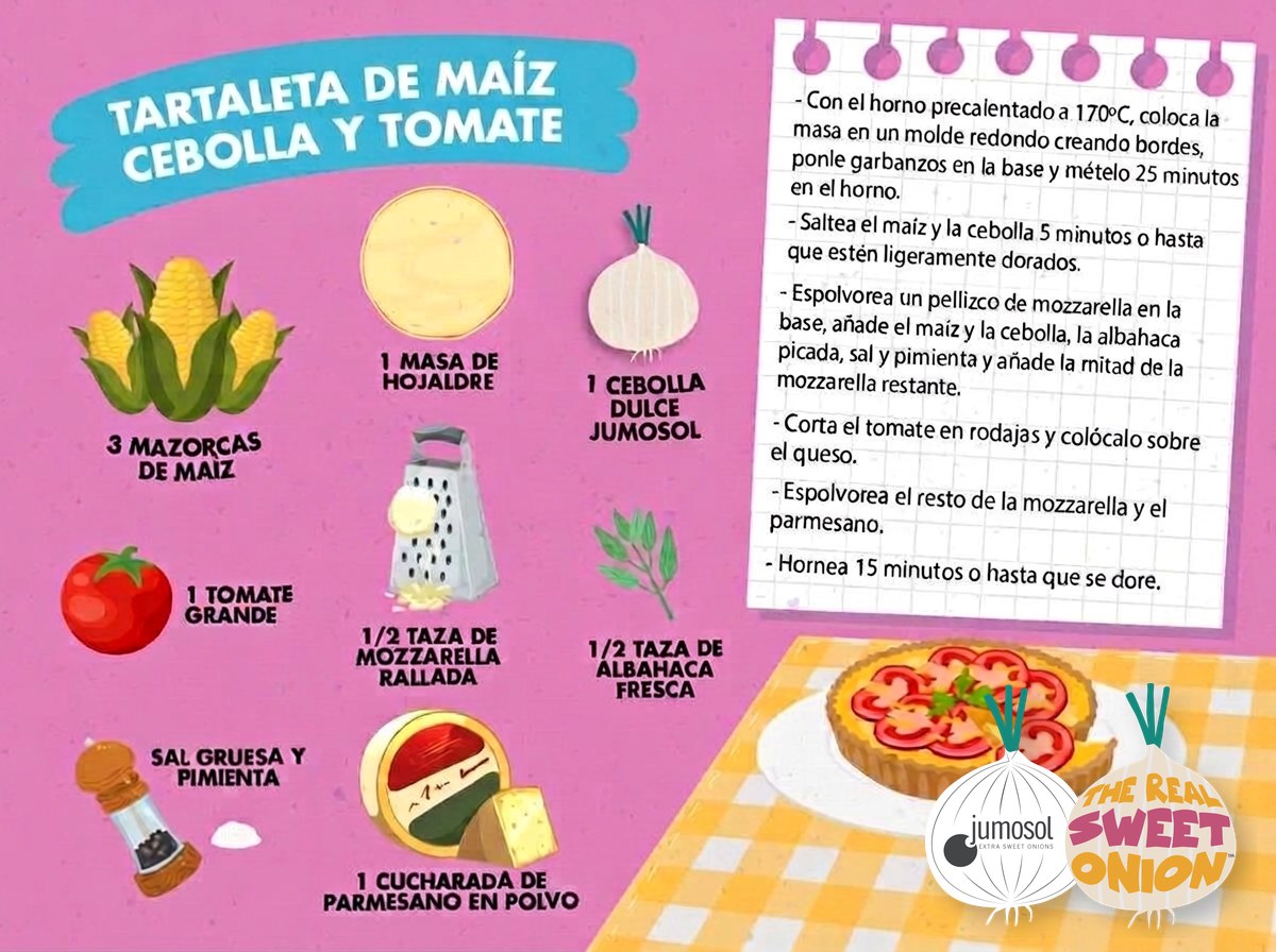 Tartaleta de maíz, cebolla dulce y tomate 1 Lámina ilustrada de la receta de tartaleta de maíz, cebolla dulce Jumosol y tomate