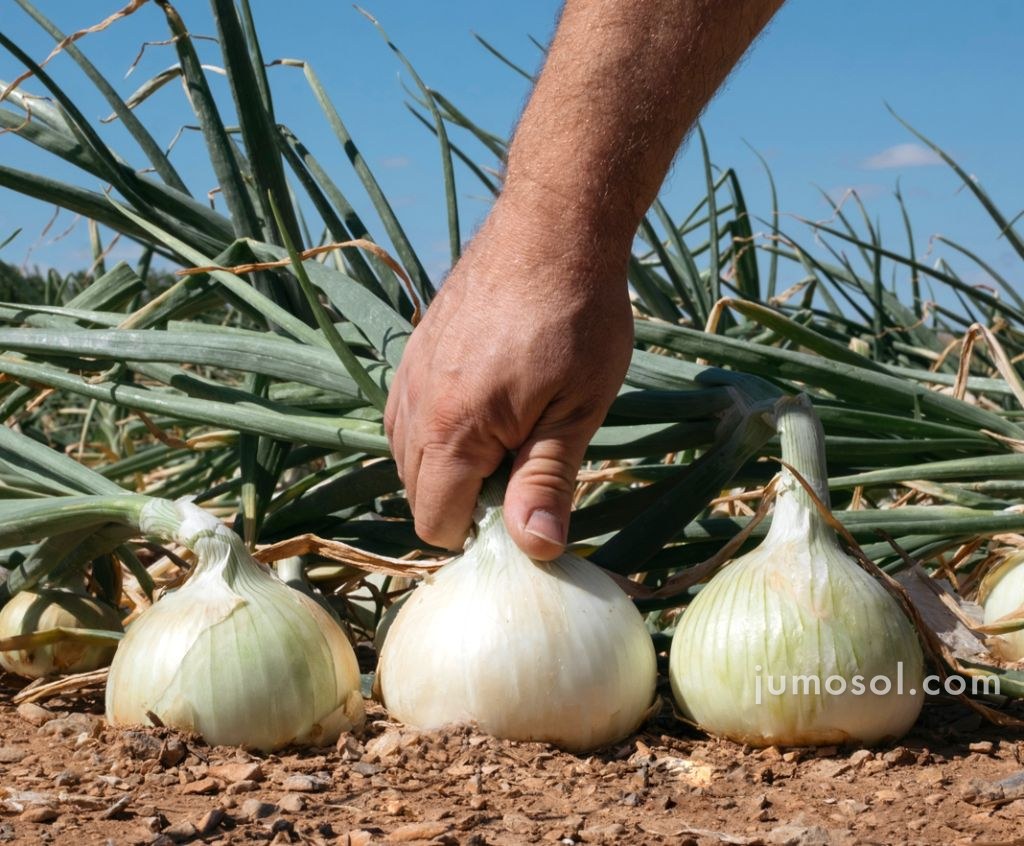 Recogiendo cebolla dulce a mano en el campo de Fuentes de Ebro, con marca de agua de Jumosol