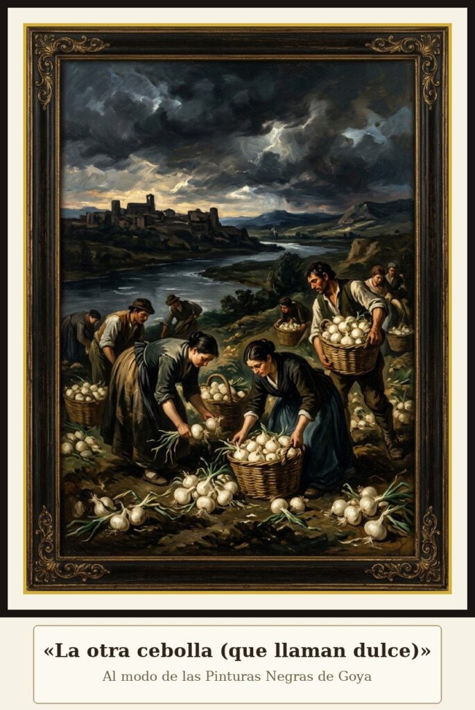Cebolla dulce: la auténtica DOP Fuentes de Ebro 5 La otra cebolla que llaman dulce: escena oscura de cosecha bajo tormenta al modo de las Pinturas Negras de Goya