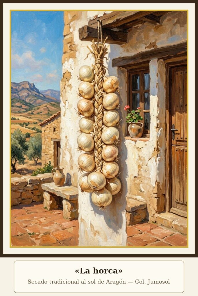 Cebolla dulce: la auténtica DOP Fuentes de Ebro 6 La horca: cebollas dulces trenzadas secándose al sol en una fachada encalada aragonesa, óleo
