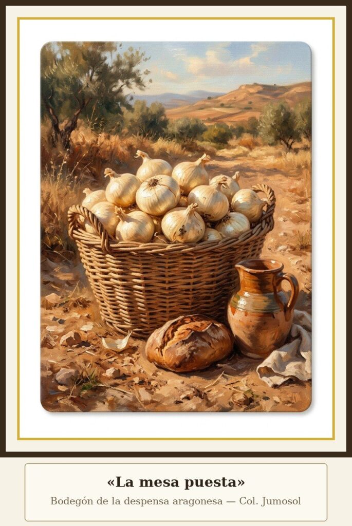 Cebolla dulce: la auténtica DOP Fuentes de Ebro 8 La mesa puesta: bodegón de cesta de cebollas dulces con pan y jarra de barro, óleo