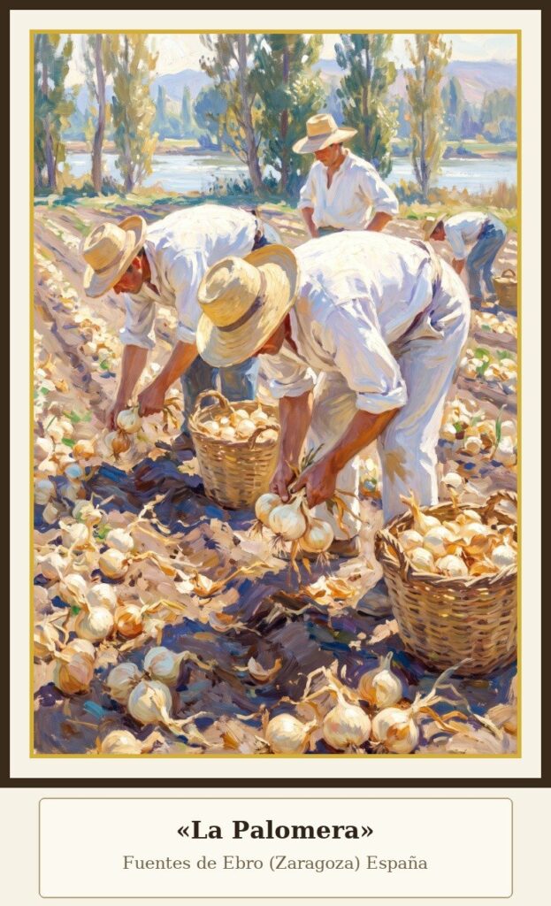 Cebolla dulce: la auténtica DOP Fuentes de Ebro 4 La Palomera: jornaleros cosechando cebolla dulce junto al Ebro en Fuentes de Ebro (Zaragoza), óleo