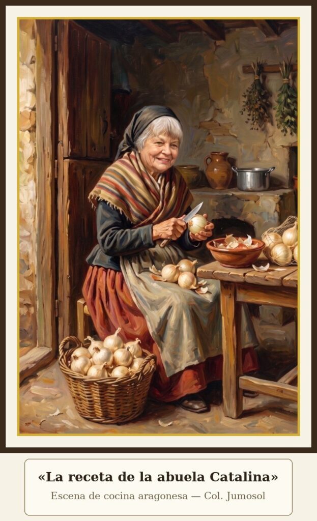 Cebolla dulce: la auténtica DOP Fuentes de Ebro 10 La receta de la abuela Catalina: anciana pelando cebollas dulces de Fuentes de Ebro en una cocina tradicional aragonesa, óleo