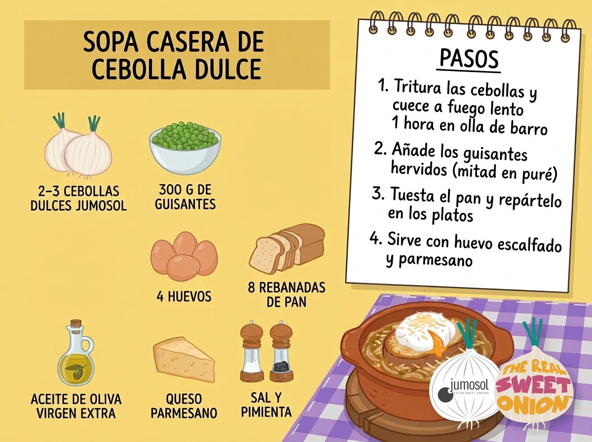 Receta de cocina: sopa casera de cebolla dulce con guisantes y huevo escalfado 1 Lámina ilustrada de la receta de sopa casera de cebolla dulce Jumosol: ingredientes y pasos